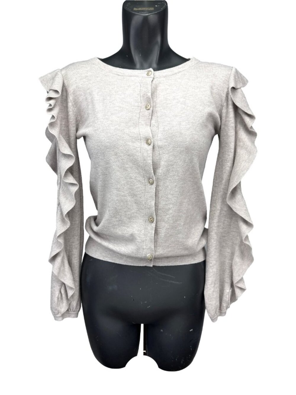 COCO ITALIA Ruffle Sleeve Greige Button Up Cardigan Size S